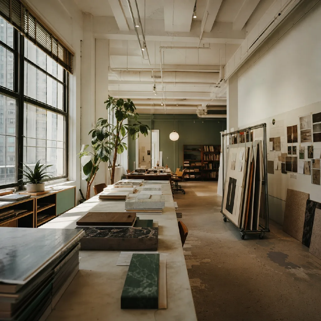 A calm, light-filled brand studio interior with long worktables, pinned reference walls and stacked printed material.