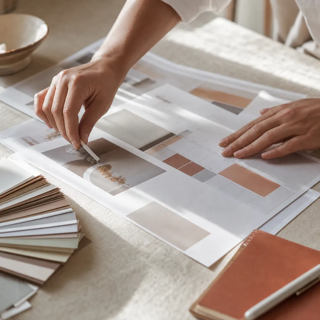 Close-up of hands arranging a printed media plan and channel schedule on a pale desk beside colour swatches.