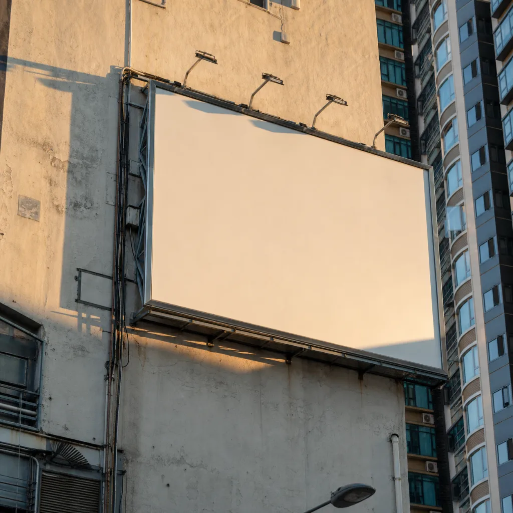 A large out-of-home advertising billboard on a city building facade in warm late-afternoon light, viewed from the street.