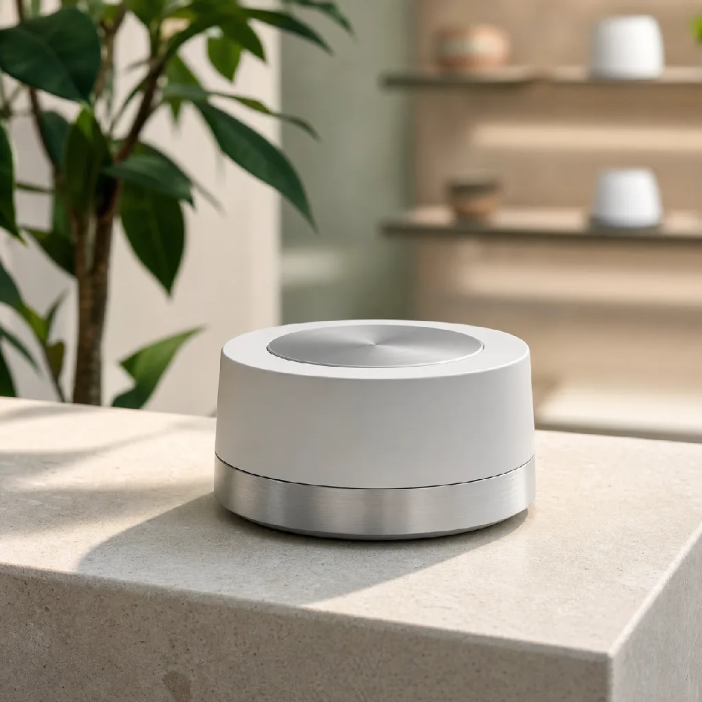 A clean product-brand display on a pale plinth in a bright retail space, with soft directional light and a real contact shadow.