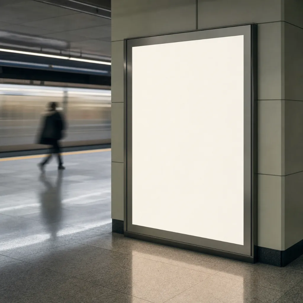 A large-format transit advertising panel in a city station, seen from an angle in cool daylight.